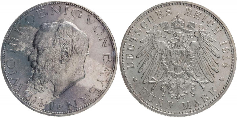 REICHSSILBERMÜNZEN BAYERN
Ludwig III., 1913-1918. 5 Mark 1914 D J. 53. kl. Rand...