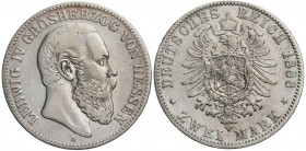 REICHSSILBERMÜNZEN HESSEN
Ludwig IV., 1877-1892. 2 Mark 1888 A J. 68. R s