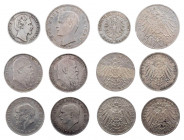 KAISERREICH
 Lot Silbermünzen BAYERN: 1 x 5 Mark, 4 x 3 Mark, 1 x 2 Mark J. 41, 46, 49 (2), 52 (2). 6 Stück s-ss
