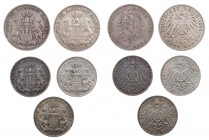 KAISERREICH
 Lot Silbermünzen HAMBURG: 2 x 5 Mark, 3 x 3 Mark J. 62, 64 (3), 65. 5 Stück s-ss