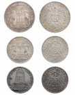 KAISERREICH
 Lot Silbermünzen HAMBURG: 1 x 5 Mark, 1 x 3 Mark, dazu: SACHSEN: 1 x 3 Mark J. 64, 65, 140. 3 Stück ss-vz