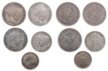 KAISERREICH
 Lot Silbermünzen SACHSEN: 3 x 5 Mark; SACHSEN-WEIMAR-EISENACH: 1 x 3 Mark; SCHWARZBURG-SONDERSHAUSEN: 1 x 2 Mark J. 122 (2), 130, 162, 1...