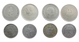 WEIMARER REPUBLIK
 Lot Silbermünzen 5 Reichsmark 1929 A, Lessing; 3 Reichsmark 1929 A, Vereinigung Waldecks mit Preußen; 5 Reichsmark 1929 D, 10. Jah...