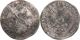 RÖMISCH-DEUTSCHES REICH
Maximilian II., 1564-1576. Taler 1573 Joachimsthal, Wardein Jörg Geitzköfler Vs.: geharnischtes Hüftbild mit Krone und Szepte...