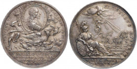 RÖMISCH-DEUTSCHES REICH
Leopold I., 1657-1705. Silbermedaille 1702 unsigniert, von P. H. Müller Satirische Medaille auf die Einnahme von Cremona und ...