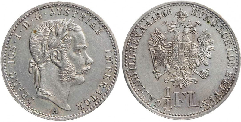 KAISERREICH ÖSTERREICH
Franz Josef I., 1848-1916. 1/4 Gulden 1866 A Wien Herine...