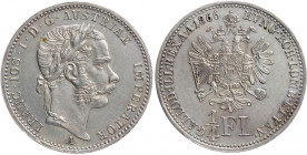 KAISERREICH ÖSTERREICH
Franz Josef I., 1848-1916. 1/4 Gulden 1866 A Wien Herinek 656; J. 334. R berieben, kl. Randfehler, sonst vz