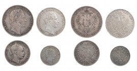 KAISERREICH
 Lot Silbermünzen Franz Josef I., 1848-1916, Vereinstaler 1857 A, Doppelgulden 1859 B, Gulden 1889, 1/4 Gulden 1858 E Herinek 442, 491, 5...