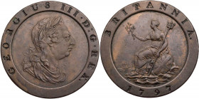 GROSSBRITANNIEN / IRLAND VEREINIGTES KÖNIGREICH
George III., 1760-1820. 2 Pence (Cartwheel) 1797 Soho (Birmingham) S. 3776. 57.88 g. dunkelbraune Pat...