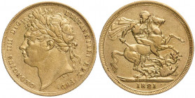 GROSSBRITANNIEN / IRLAND VEREINIGTES KÖNIGREICH
George IV., 1820-1830. Sovereign 1821 Fb. 376; S. 3800. 7.96 g. Gold kl. Kratzer und Randfehler, ss