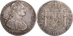 BOLIVIEN
Carlos IV., 1788-1808. 8 Reales 1808 PTS-PJ Potosi KM 73. 26.94 g. etwas knapper Schrötling, feine Tönung, ss
