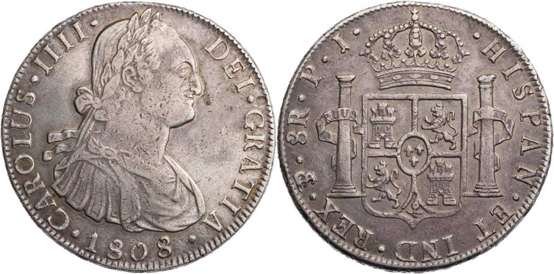 BOLIVIEN
Carlos IV., 1788-1808. 8 Reales 1808 PTS-PJ Potosi KM 73. 26.92 g. fei...