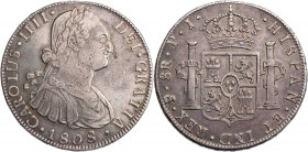 BOLIVIEN
Carlos IV., 1788-1808. 8 Reales 1808 PTS-PJ Potosi KM 73. 26.92 g. feine Tönung, kl. Schrötlingsfehler, ss