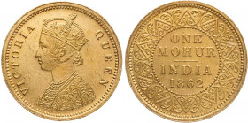 INDIEN BRITISCH INDIEN
Victoria, 1837-1901. Gold-Mohur 1862 Calcutta Fb. 1598; KM 480. 11.66 g. Gold Kratzer, sonst ss-vz