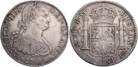MEXIKO
Carlos IV., 1788-1808. 8 Reales 1794 Mo-FM Mexiko City KM 109. 26.92 g. kl. Kratzer, ss