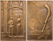 KUNSTMEDAILLEN JUGENDSTIL / ART DECO
Bouval, Maurice, 1863-1916. Bronzeplakette o. J. (vor 1910) Prämie des Tirs Gastinne Renette, Vs.: Schütze und B...