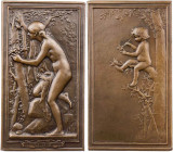 KUNSTMEDAILLEN JUGENDSTIL / ART DECO
Daniel-Dupuis, Jean-Baptiste, 1849-1899. Bronzeplakette o. J. (1899) bei Monnaie de Paris Le nid. Vs.: nacktes M...