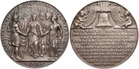 Goetz, Karl, 1875-1950. Silbermedaille 1925 Auf die 1000-Jahrfeier der Rheinlande, Vs.: Germania wird von dem Kölschen Bauern und der Stadtgöttin Colo...