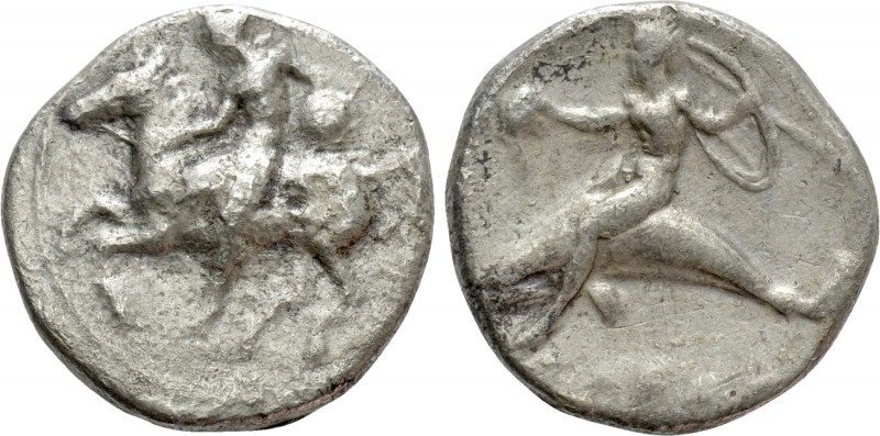 CALABRIA. Tarentum. Nomos (Circa 400-390 BC). 

Obv: Warrior, holding shield a...