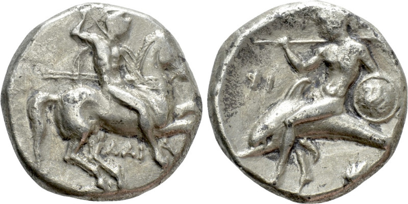 CALABRIA. Tarentum. Nomos (Circa 302-290 BC). 

Obv: Warrior, holding shield a...