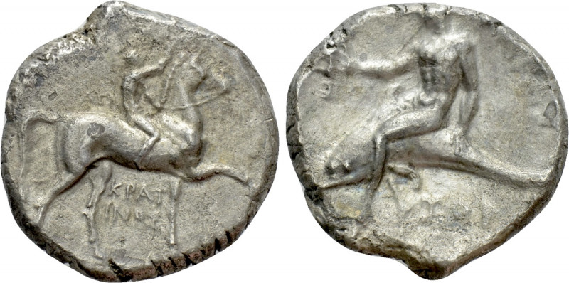 CALABRIA. Tarentum. Nomos (Circa 302-280 BC). 

Obv: Youth on horseback right,...