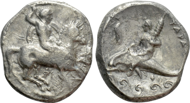 CALABRIA. Tarentum. Nomos (Circa 290-281 BC). 

Obv: Warrior, holding shield a...