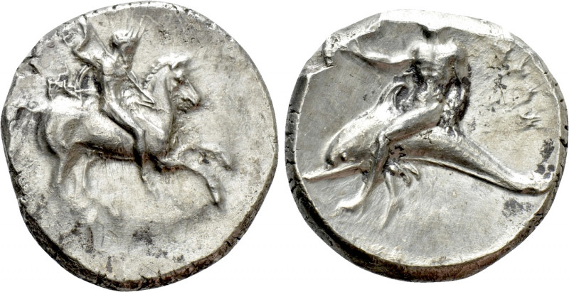 CALABRIA. Tarentum. Nomos (Circa 280 BC). 

Obv: Warrior, holding shield and t...