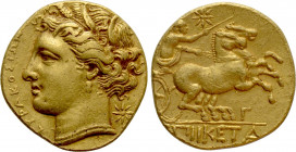 SICILY. Syracuse. Hiketas II (287-278 BC). GOLD 60 Litrai – Dekadrachm