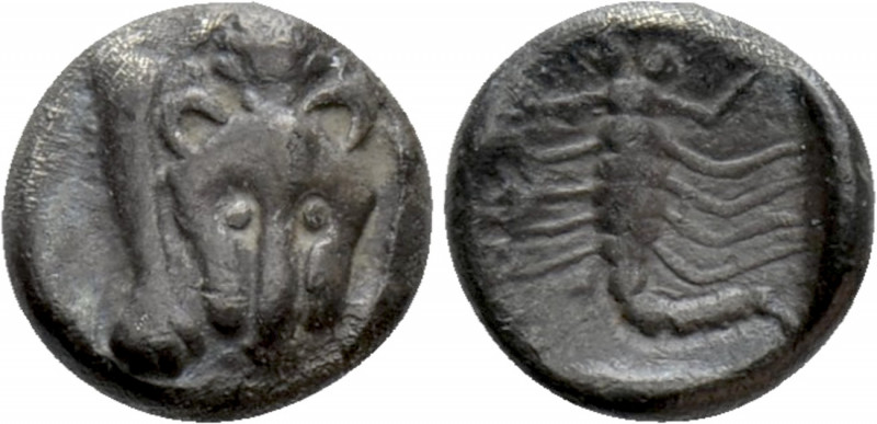 CARIA. Mylasa. Obol (Circa 450-400 BC). 

Obv: Facing forepart of lion.
Rev: ...