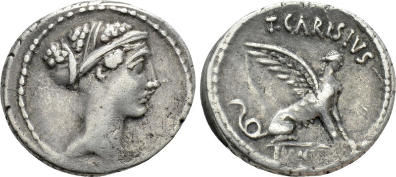 T. CARISIUS. Denarius (46 BC). Rome. 

Obv: Head of Sibyl Herophile right.
Re...