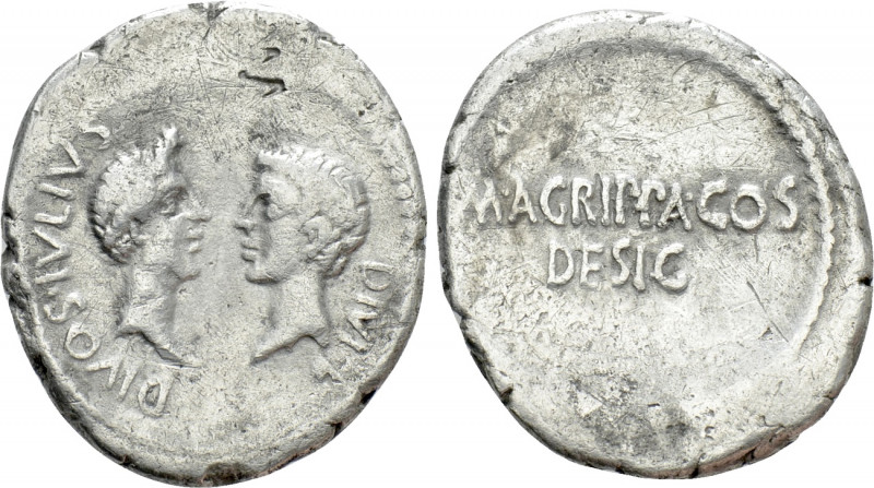OCTAVIAN and AGRIPPA with DIVUS JULIUS CAESAR. Denarius. (38 BC). Military mint ...