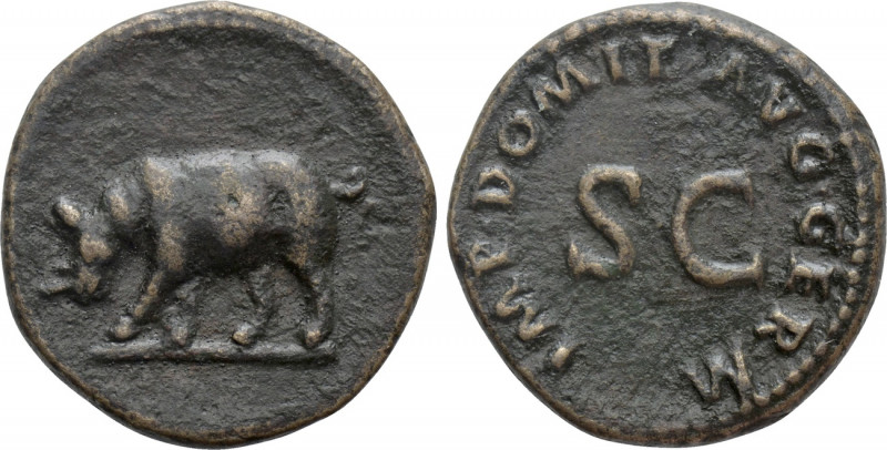 DOMITIAN (81-96). Quadrans. Rome. 

Obv: Rhinoceros advancing left.
Rev: IMP ...
