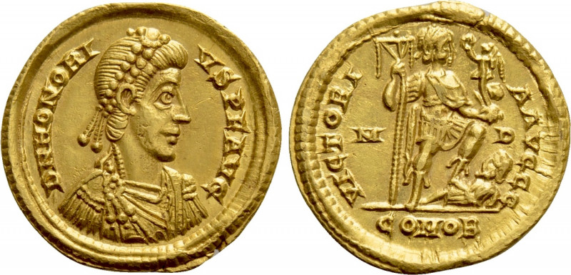 HONORIUS (393-423). GOLD Solidus. Mediolanum. 

Obv: D N HONORIVS P F AVG. 
D...