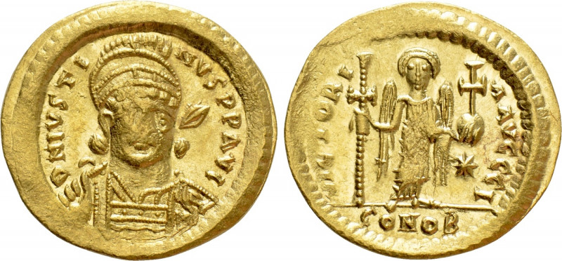 JUSTIN I (518-527). GOLD Solidus. Constantinople. 

Obv: D N IVSTINVS P P AVG....