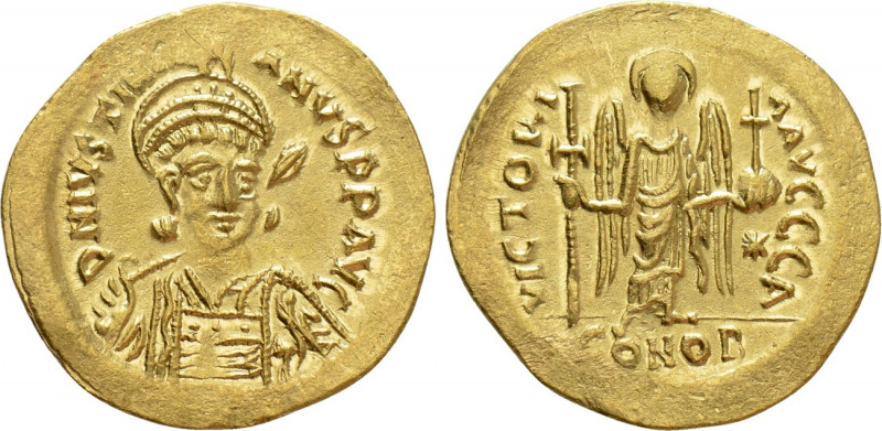 JUSTINIAN I (527-565). GOLD Solidus. Constantinople. 

Obv: D N IVSTINIANVS P ...
