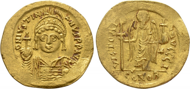 JUSTINIAN I (527-565). GOLD Solidus. Constantinople. 

Obv: D N IVSTINIANVS P ...