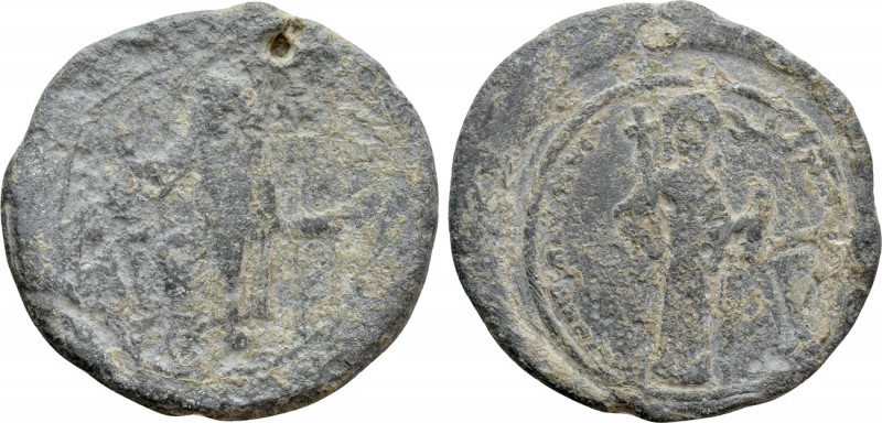 BYZANTINE LEAD SEALS. Isaac II Angelus (1185-1195). 

Obv: Emperor standing fa...
