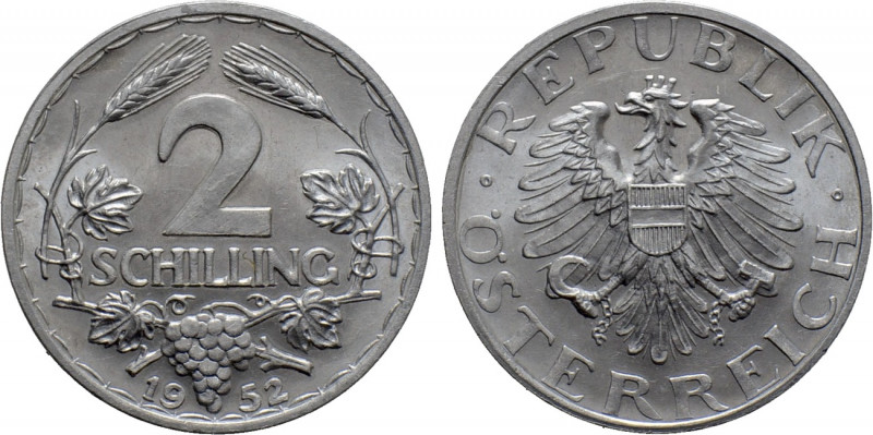 AUSTRIA. 2nd Republic. 2 Schilling (1952). 

Obv: Value within corn-ears and l...
