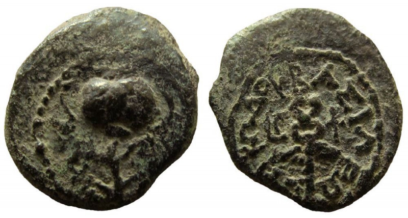 Judaea. Herod the Great, 40-4 BC. AE 2 Prutot. 
Dated year 3, 38-37 BC.
Obvers...