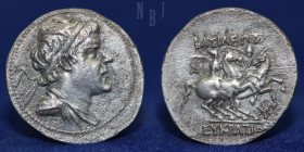 Bactria: Eucratides I, Silver drachm, c. 171-145 BCE. Very Fine and Very Rare type.