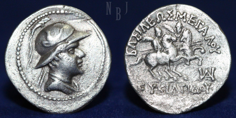 BACTRIA, Eukratides (Eucratides) c. 171-145 BCE / AR Drachm, (3.89gm, 22mm) helm...