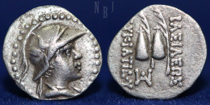 BACTRIA, Eukratides (Eucratides) AR obol, (0.65gm, 11mm) helmeted type. c. 171-1...