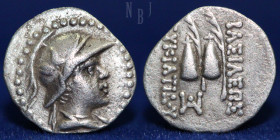 BACTRIA, Eukratides (Eucratides) AR obol, helmeted type. c. 171-145 BCE.
