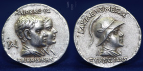 GRECO-BACTRIAN KINGDOM. Eucratides I the Great (ca. 171-145 BC), with Heliocles and Laodice. AR tetradrachm. RARE.