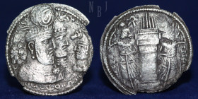 SASANIAN KINGS. Bahram II, with Queen and Prince 4. 276-293 AD. AR Obol 1/6 Drachm.