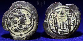 SASANIAN KINGDOM: Kavad I, 488-497, 499-531, AE pashiz. Minted Bishapur, date 20. Extremely Rare.