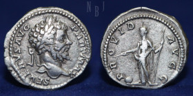 Roman, Septimius Severus PROVID AVGG; Providentia from Rome. AD 198- 200 AR Denarius.