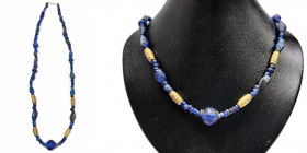 Ancient Dark Aqua Blue Roman Glass Beads, decorated with Ancient gold beads.