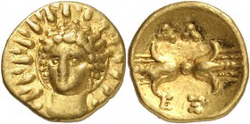 GRÈCE ANTIQUE
Tarente. Alexandre le Molosse, roi d’Épire (350-330 av. J.C.). Douzième de statère d’or, frappé ca. 333-331 av. J.C.
Av. Tête radiée d...