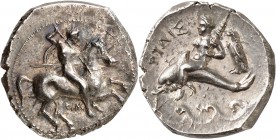 GRÈCE ANTIQUE
Calabre, Tarente (290-281 av. J-C.). Didrachme argent.
Av. Cavalier nu au galop à droite, il brandit sa lance avec son bras droit, à g...